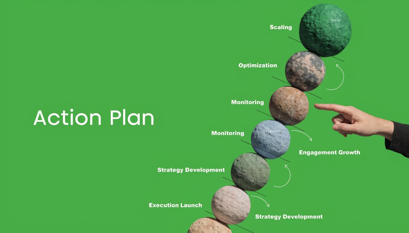A hand touches a stack of balancing stones representing a strategic business growth and action plan process.
