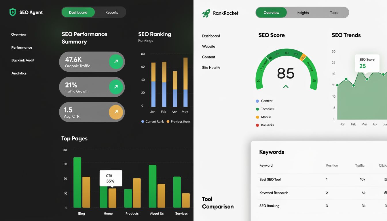 A split-screen comparison showing two distinct SEO dashboard user interfaces with performance metrics, graphs, and keyword analytics.
