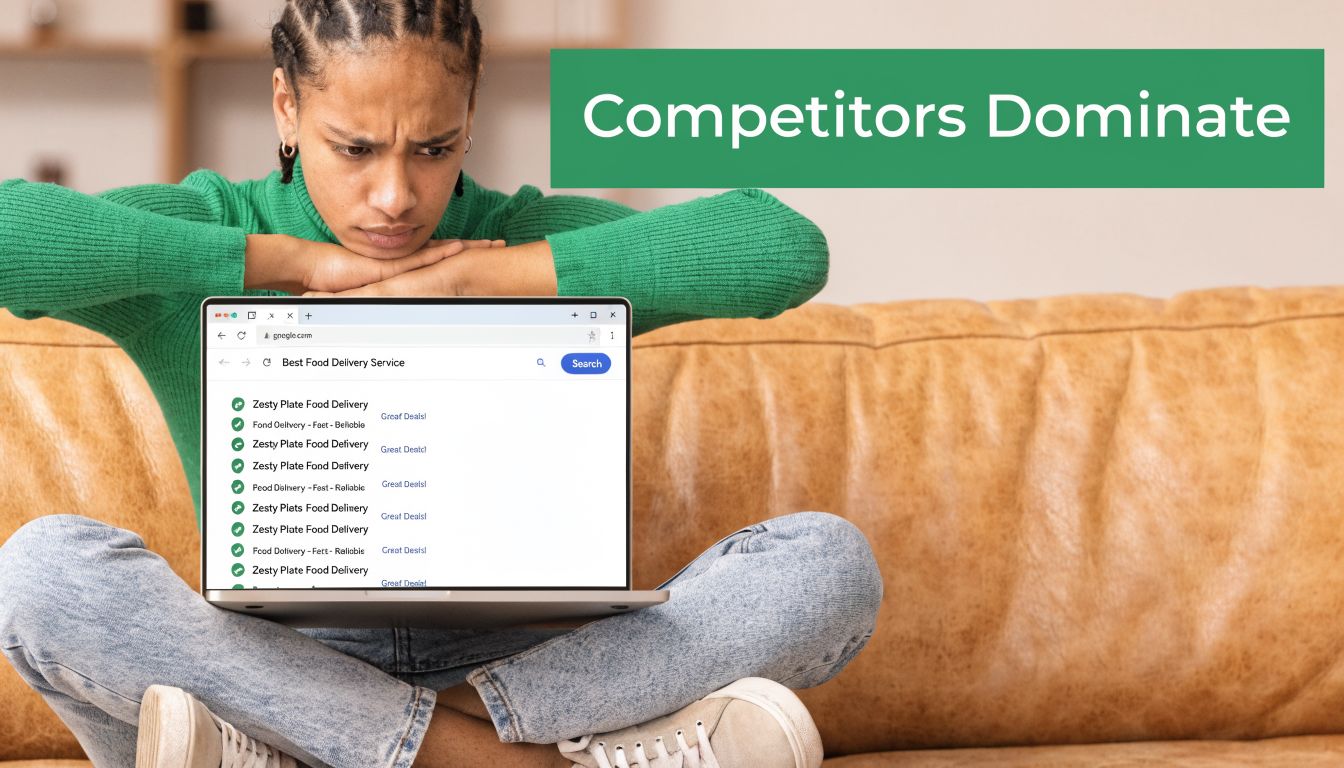 A concerned woman looking at a laptop screen showing search results dominated by one competitor brand.