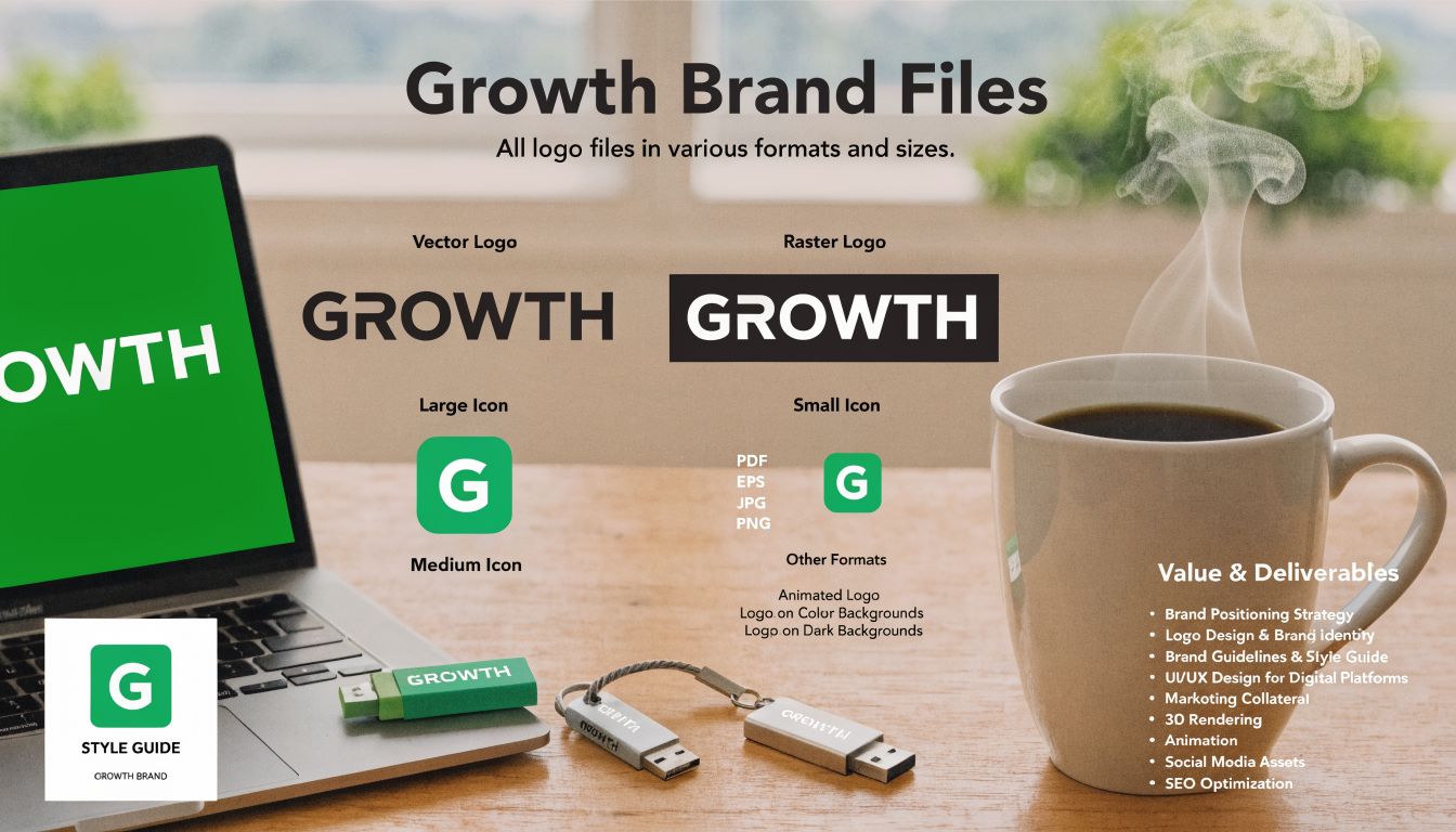 A professional brand file presentation showing logos, icons, and deliverables on a laptop and USB drives.