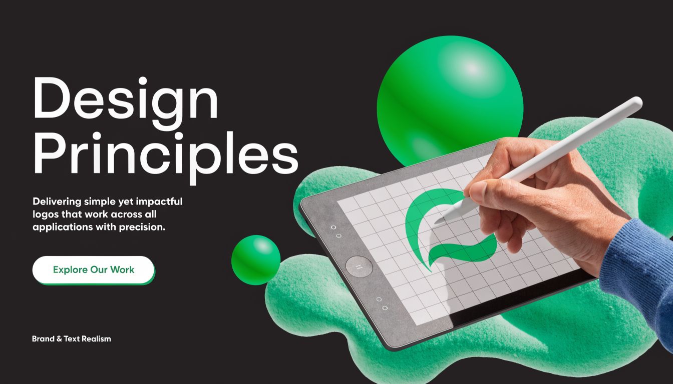 A hand using a digital pen to design a logo on a tablet with abstract green shapes.